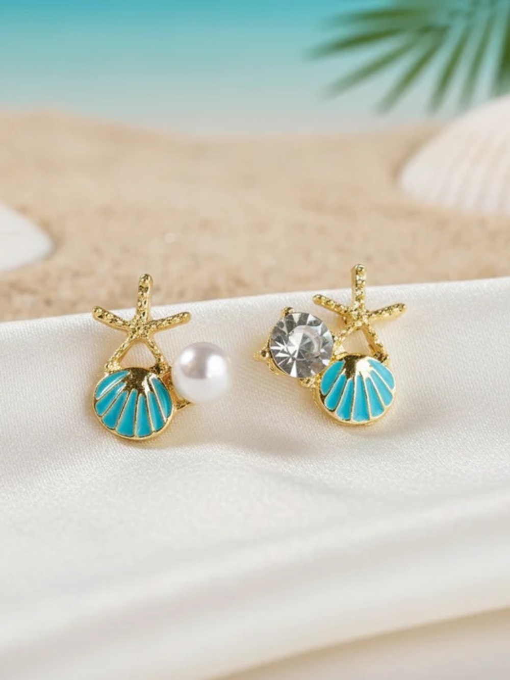 Turquoise Sea Shell & Turtle Mixed Stud Earring Set - Gold and Silver - Picture 9 of 10